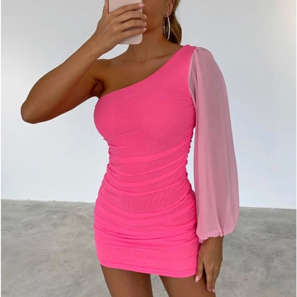 SHEIN Pink One-Shoulder Mini Dress